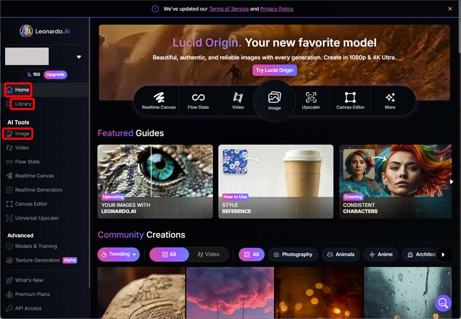 Leonardo.Ai ホーム画面