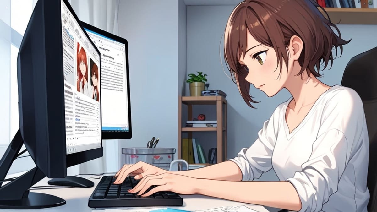 白いシャツを着た若い女性が明るい在宅デスクでパソコンに向かい、AIを使って文章を書いている様子を描いたアニメ風イラスト。