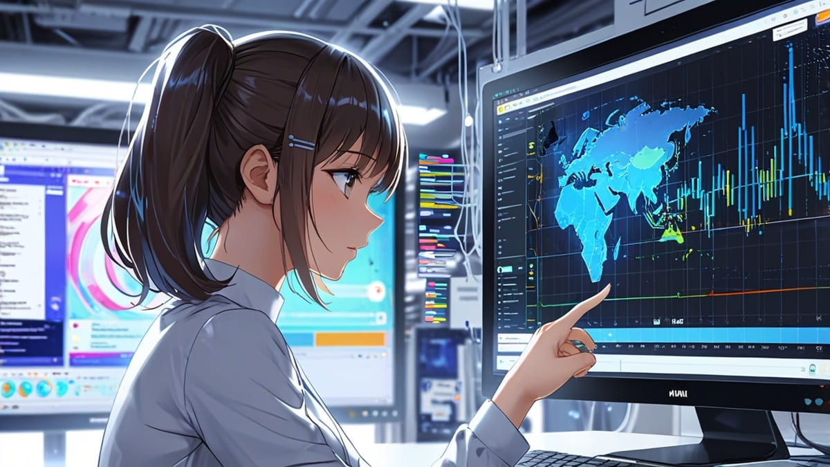 ChatGPTとGeminiの比較をイメージしたAIインターフェース画面。モニター上に抽象的なデータや光のラインが流れ、AIが動作しているような雰囲気を表現。