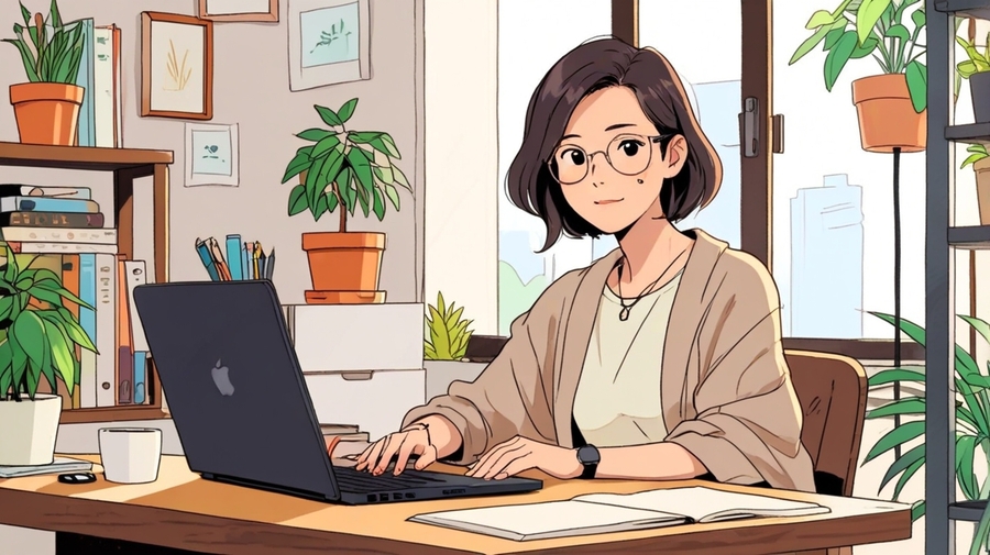 自宅のデスクでノートパソコンに向かい、集中して文章を書いている中年の日本人女性。観葉植物とコーヒーカップが置かれた明るい室内で、落ち着いた雰囲気の在宅ライティング作業の様子。