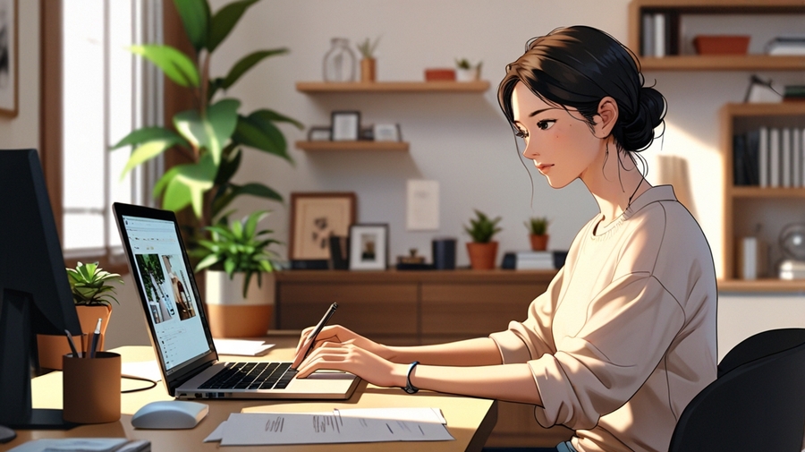 在宅のデスクでノートパソコンを使い、AI画像生成の作業に集中している中年女性のイラスト。観葉植物などが置かれた落ち着いた雰囲気のワークスペース。