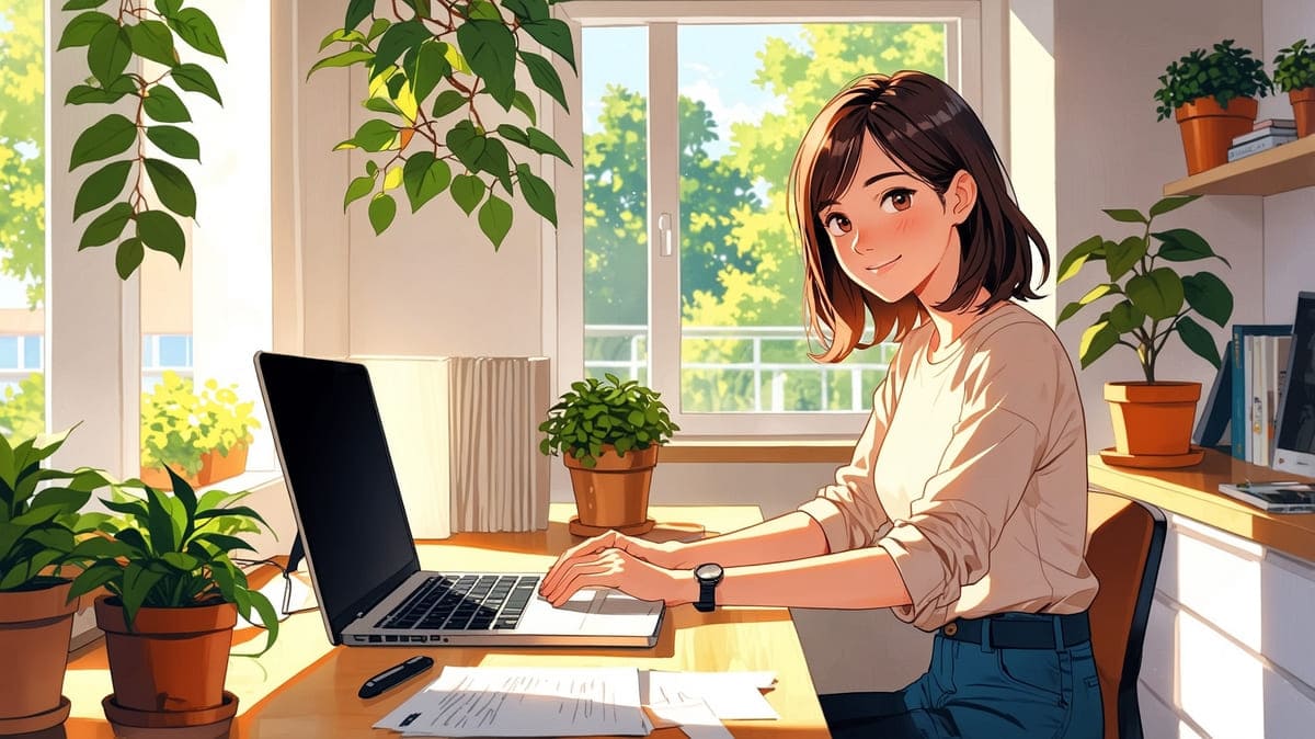 窓から日差しが差し込む明るい部屋で、ノートPCに向かって微笑みながら作業する女性。観葉植物が並ぶ在宅ワーク風のデスク。
