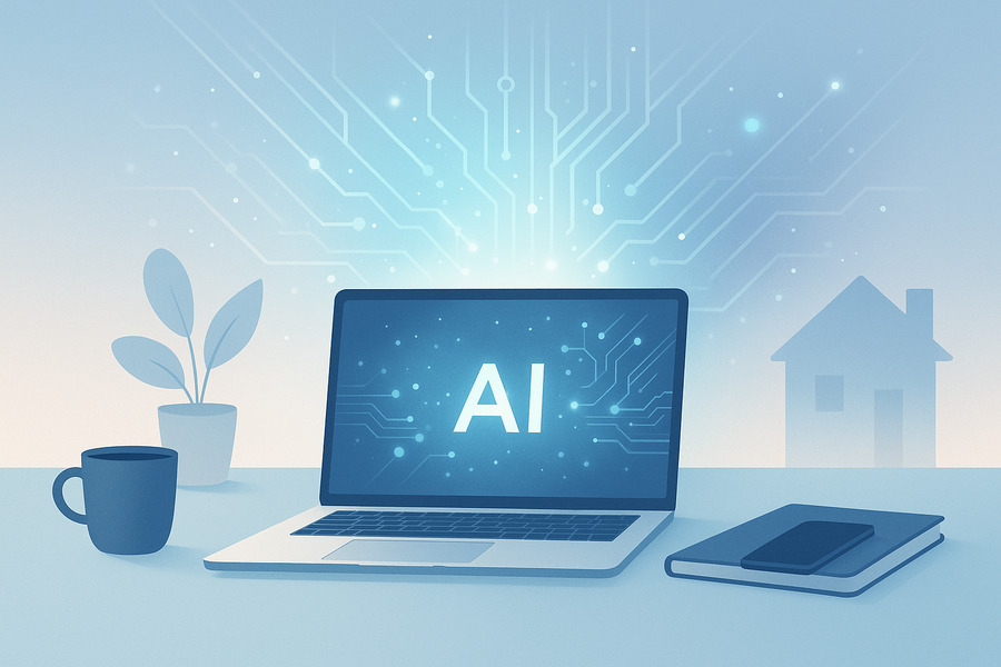 ノートパソコンの画面に「AI」と表示され、背後にデジタル回路の光が広がっている。AI技術の進化が在宅副業やリモートワークを身近にしていることを象徴するイメージ。
