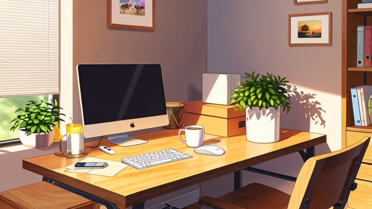 明るい日差しが差し込む在宅デスクにデスクトップPC、観葉植物やマグカップが並ぶ、AIライティング作業の環境を表す画像