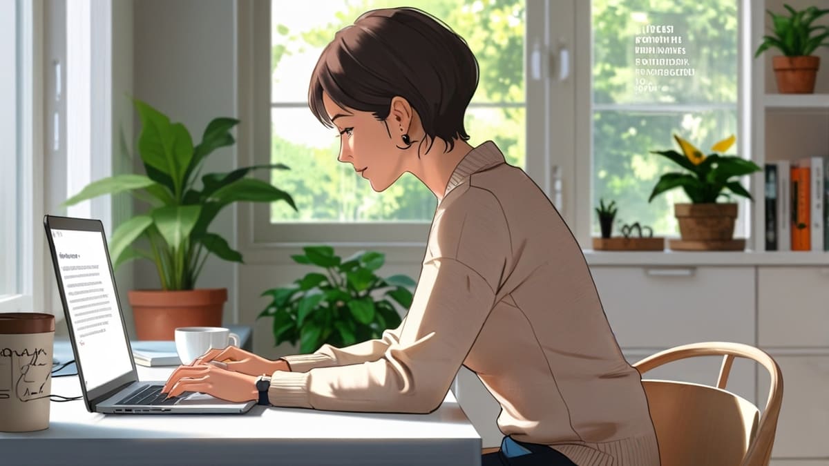 明るい部屋でノートパソコンに向かい文章を入力する女性。AIライティング作業を行う在宅デスク風景。