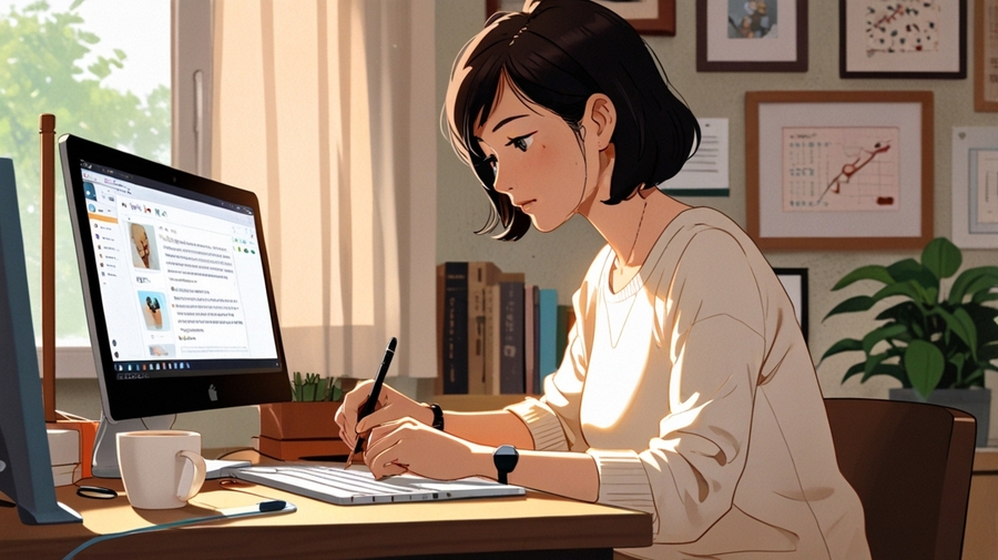 自宅のデスクでAIツールを活用し、ブログ記事を執筆している中年女性のイラスト。落ち着いた雰囲気の在宅ワークスペースで、ノートPCとノートを使って作業している様子。