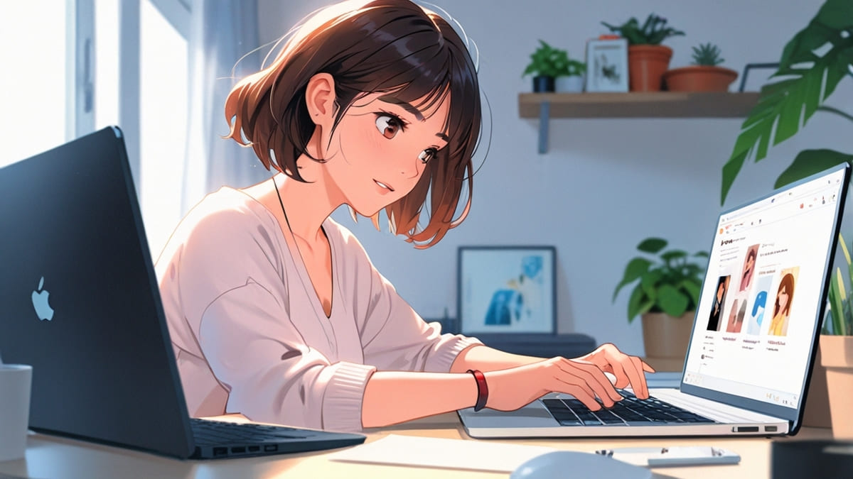明るい在宅デスクでノートパソコンに向かい、AIツールを使ってブログ記事を作成している若い女性を描いたアニメ風イラスト。