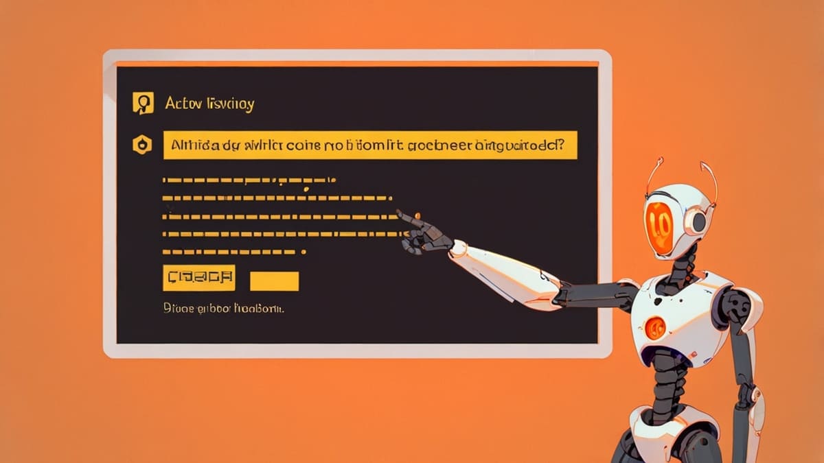 オレンジ背景の画面に浮かぶAIコードウィンドウを指さしながら説明するロボットを描いたイラスト。