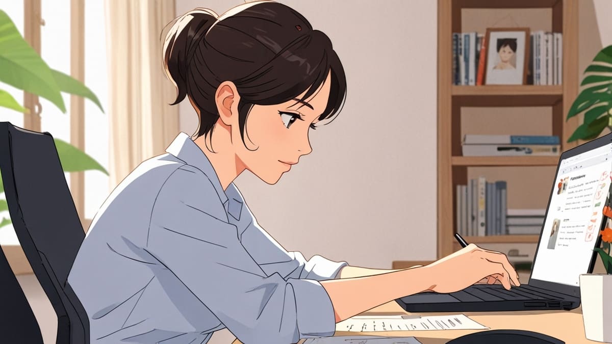 クラウドワークスの求人画面を真剣に見つめる大人の女性。白いデスクにノートPCを置いた明るく落ち着いた在宅ワーク風イラスト。