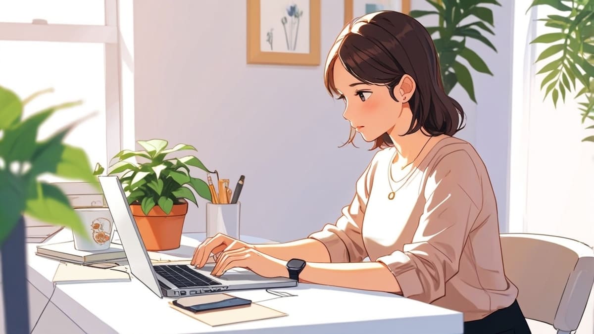 白いデスクでノートPCに向かい、真剣にタイピングする女性のイラスト。落ち着いた在宅ワークの雰囲気。