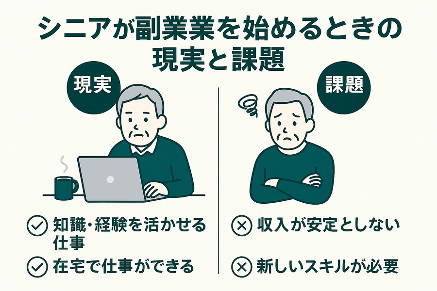 シニア男性が在宅のデスクでノートパソコンを見つめながら副業について考えている様子。落ち着いた雰囲気の部屋にコーヒーカップと観葉植物があり、在宅ワークの現実と課題を象徴している。