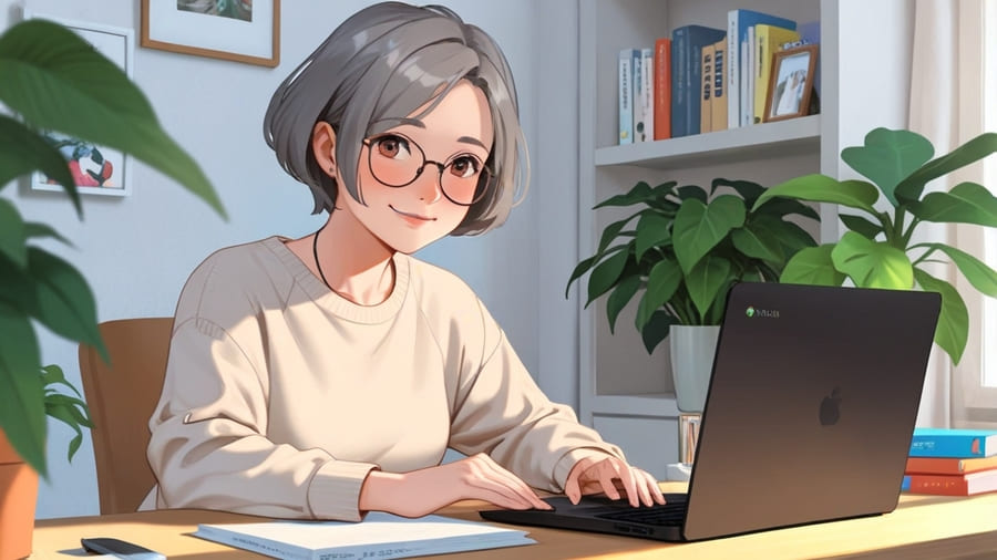 グレイヘアのシニア女性が明るい在宅デスクでノートパソコンに向かい、穏やかにAIを使った副業作業をしている様子を描いたアニメ風イラスト。