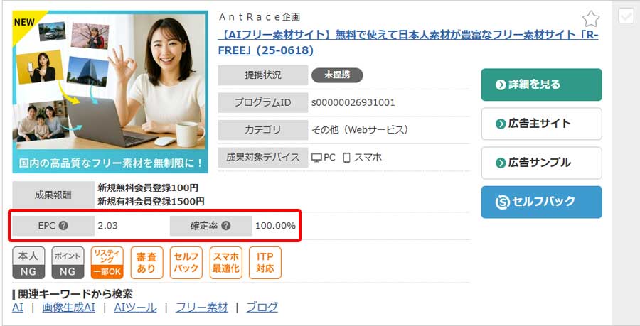 A8.netでのEPCと確定率の例
