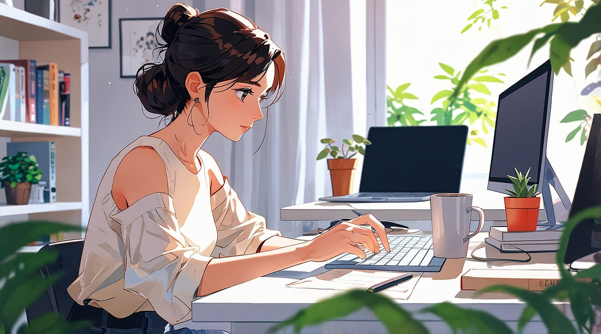 明るい在宅デスクでノートPCを操作する30代女性が集中して作業しているアニメ風イラスト