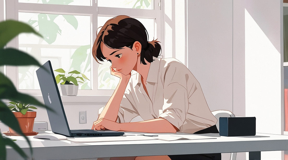 パソコン画面を見ながら悩んだ表情をした40代女性が在宅デスクで作業しているアニメ風イラスト