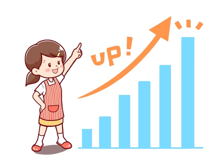 右肩上がりの成長グラフを指さす女の子のイラスト
