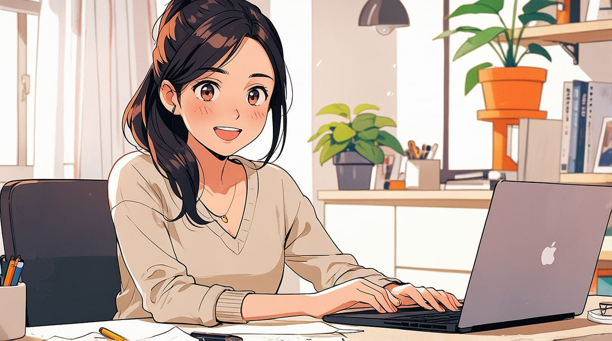 明るい在宅ワーク環境でパソコンに向かいながら笑顔で作業している女性のアニメ風イラストです。