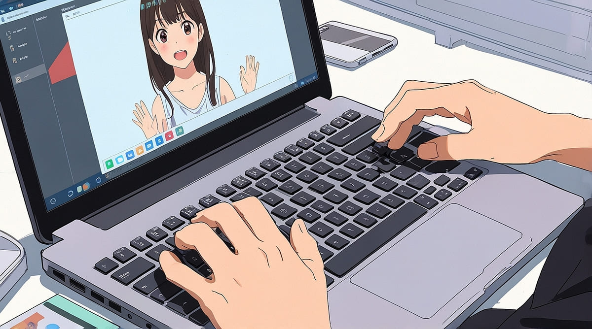 ノートPCの画面に画像が表示され、キーボードを操作する手元をアップで描いたイラスト