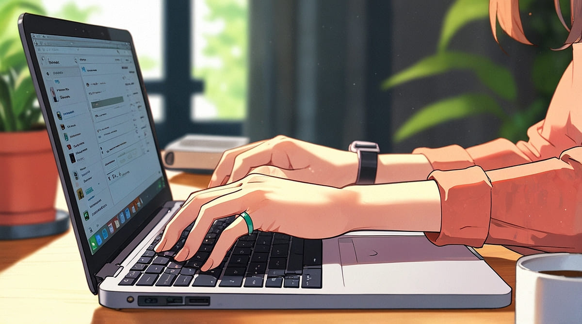 在宅デスクでノートパソコンのキーボードを叩きながら記事を書いている人物のアニメ風イラスト。明るく落ち着いた作業スペース。