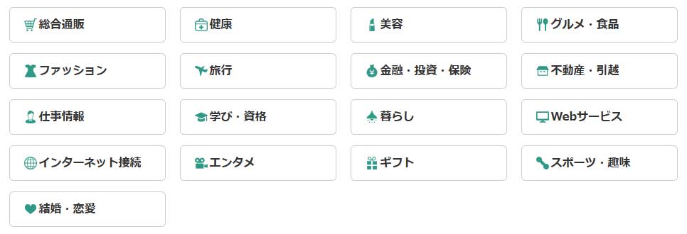 総合通販・健康・美容・グルメなど、さまざまなジャンルのアイコンが並んだカテゴリ一覧の画像