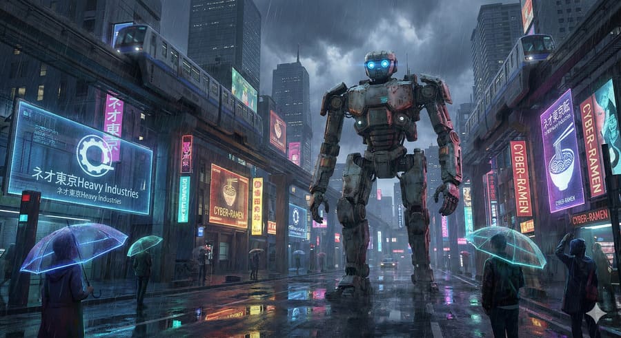 巨大なロボットが雨の東京のサイバーパンクな街並みを歩く様子。ネオンが輝くビルと高架鉄道が背景にあり、超高精細な描写。
