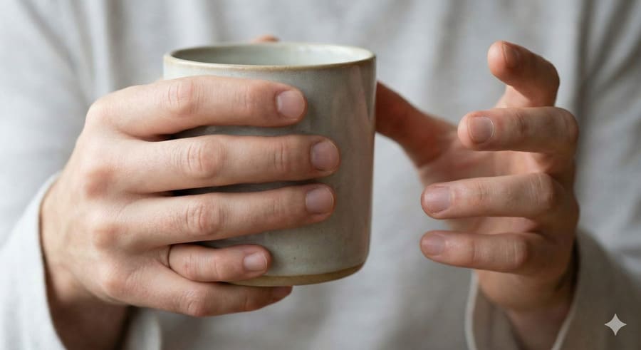 AIによって生成された手の画像。右手はマグカップを持っており指が6本あるように見える。左手は親指が異常に長く、典型的な生成失敗の例を示している。