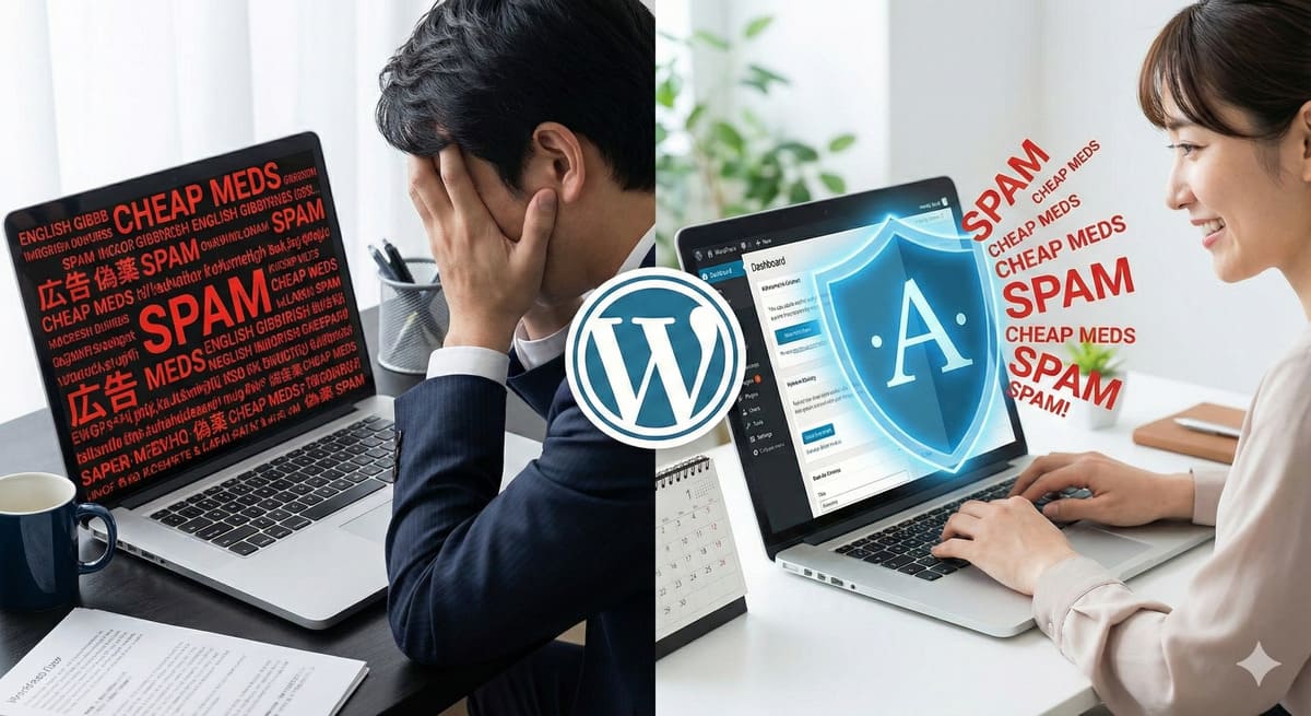 AkismetプラグインでWordPressのスパムコメントを防いでいる様子
