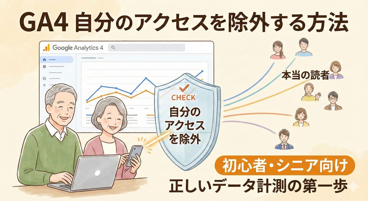 パソコンでブログを確認するシニア夫婦と、自分のアクセスをブロックして本当の読者だけをカウントしているイメージ図