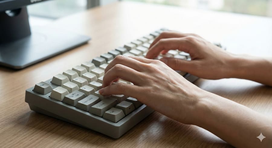 Geminiが生成した、斜め上から撮影された女性がメカニカルキーボードで正確にタイピングしている写真。すべての指が自然な位置でキーに触れており、関節や皮膚の質感がリアルで、指の崩れが一切ない完璧な描写。