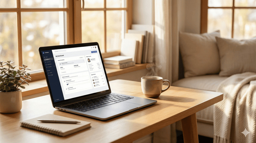 明るい窓際にある清潔感のある木製デスクに、ノートパソコン、湯気が立つコーヒー、ノートとペンが置かれている、落ち着いた在宅ワークの風景