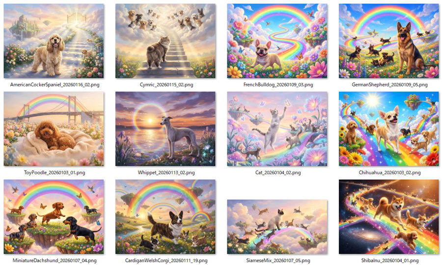 虹の橋や天国への階段を背景にした「PetMemorialArt」の作品一覧。アメリカン・コッカー・スパニエル、柴犬、トイ・プードル、チワワ、猫など、12種類の幻想的なデジタルアートがタイル状に並んでいる。