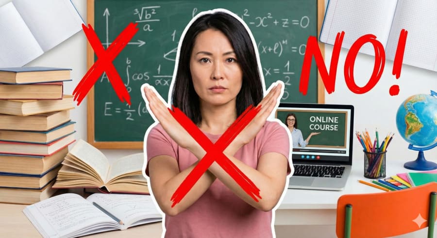 30代の日本人女性が、教材や黒板のある教室内で腕を交差させてバツ印（NOのポーズ）を作っているアイキャッチ画像