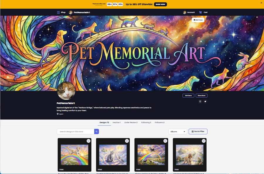 TeePublic内のショップ「PetMemorialArt」の管理画面。Redbubbleと同様の虹色のペットが描かれたヘッダー画像が設定されており、その下にはショップのロゴ、説明文、SNSリンクが表示されている。下部には登録済みのデザインがタイル状に並び、上部には「Up to 35% Off Sitewide!」というセール告知バナーが表示されている。