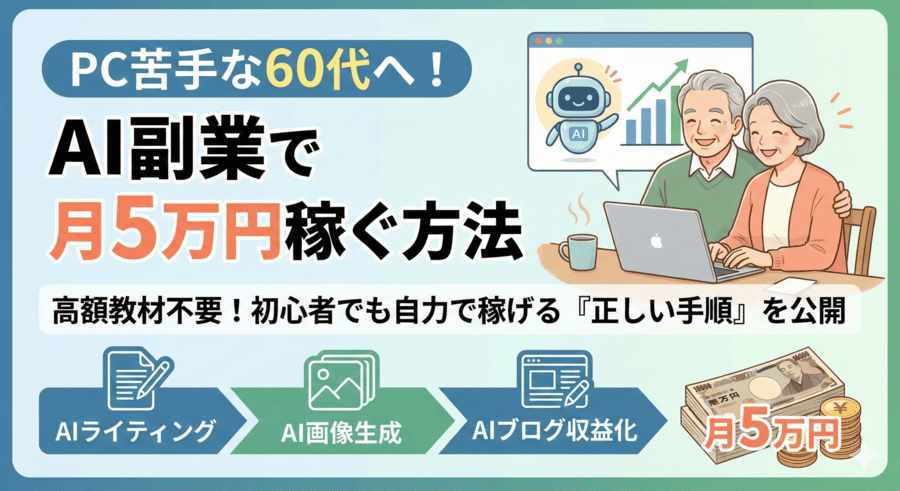 パソコンを操作する笑顔のシニア夫婦と、それをサポートする可愛らしいロボットのイラスト。「PC苦手な60代へ！AI副業で月5万円稼ぐ方法」という大きな文字と、AIライティング、AI画像生成、AIブログ収益化という3つのステップが図解されており、右下には5万円の札束とコインが描かれている。