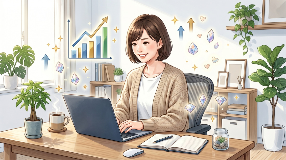 在宅でパソコンを操作しながら笑顔でブログ収益化を達成した女性のイラスト。デスクには観葉植物・コーヒー・ノートが置かれ、背景には右肩上がりの収益グラフと上昇矢印が描かれている。