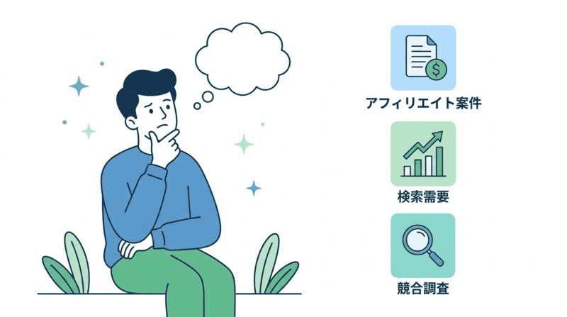 ブログジャンルを決める3つの基準（アフィリエイト案件・検索需要・競合調査）を示すアイコンと考える人物のイラスト