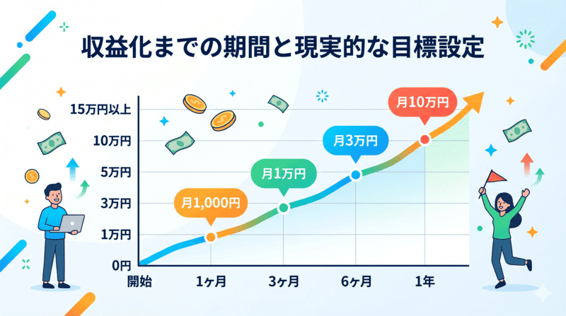 ブログ収益化までの期間と目標金額を示した右肩上がりのグラフ画像